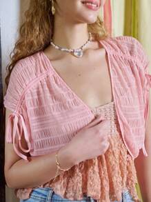 SHEIN Áo nữ Thắt nút màu trơn Giải trí - Màu Hồng  Dưa hấu - Xem 8