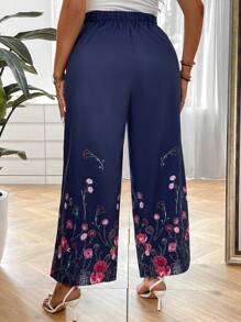 SHEIN LUNE Plus Floral Print Slant Pocket Wide Leg Trousers - Multicolor - View 2