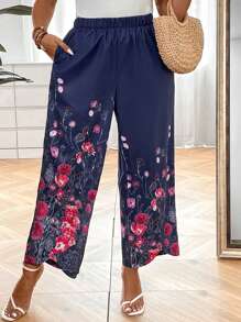 SHEIN LUNE Plus Floral Print Slant Pocket Wide Leg Trousers - Multicolor - View 3