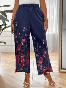 SHEIN LUNE Plus Floral Print Slant Pocket Wide Leg Trousers - Multicolor - View 4
