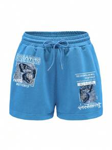 SHEIN EZwear Quần đùi nữ Dây kéo Thắt nơ trước Slogan Loại bướm Giải trí - Màu xanh lam - Xem 1