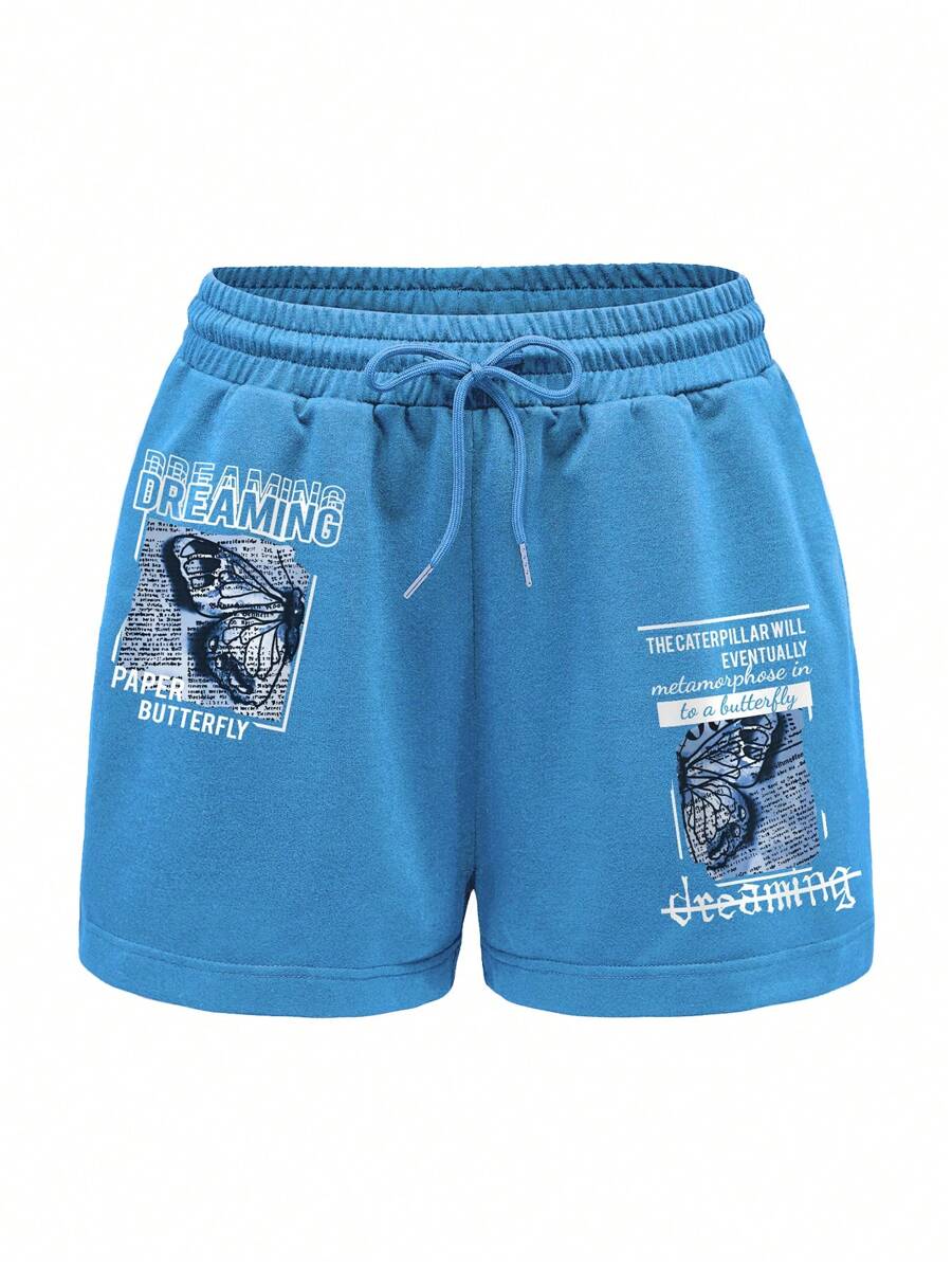 SHEIN EZwear Quần đùi nữ Dây kéo Thắt nơ trước Slogan Loại bướm Giải trí - Màu xanh lam - Xem 1