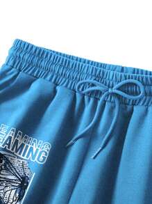 SHEIN EZwear Quần đùi nữ Dây kéo Thắt nơ trước Slogan Loại bướm Giải trí - Màu xanh lam - Xem 3