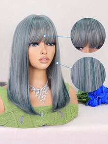 Pelucas sintéticas resistentes al calor con flequillo hechas a máquina para uso diario - Gris - Ver 5