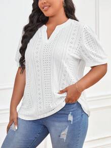 SHEIN LUNE Plus Notched Neckline Eyelet Embroidery Puff Sleeve Tee - White - View 1