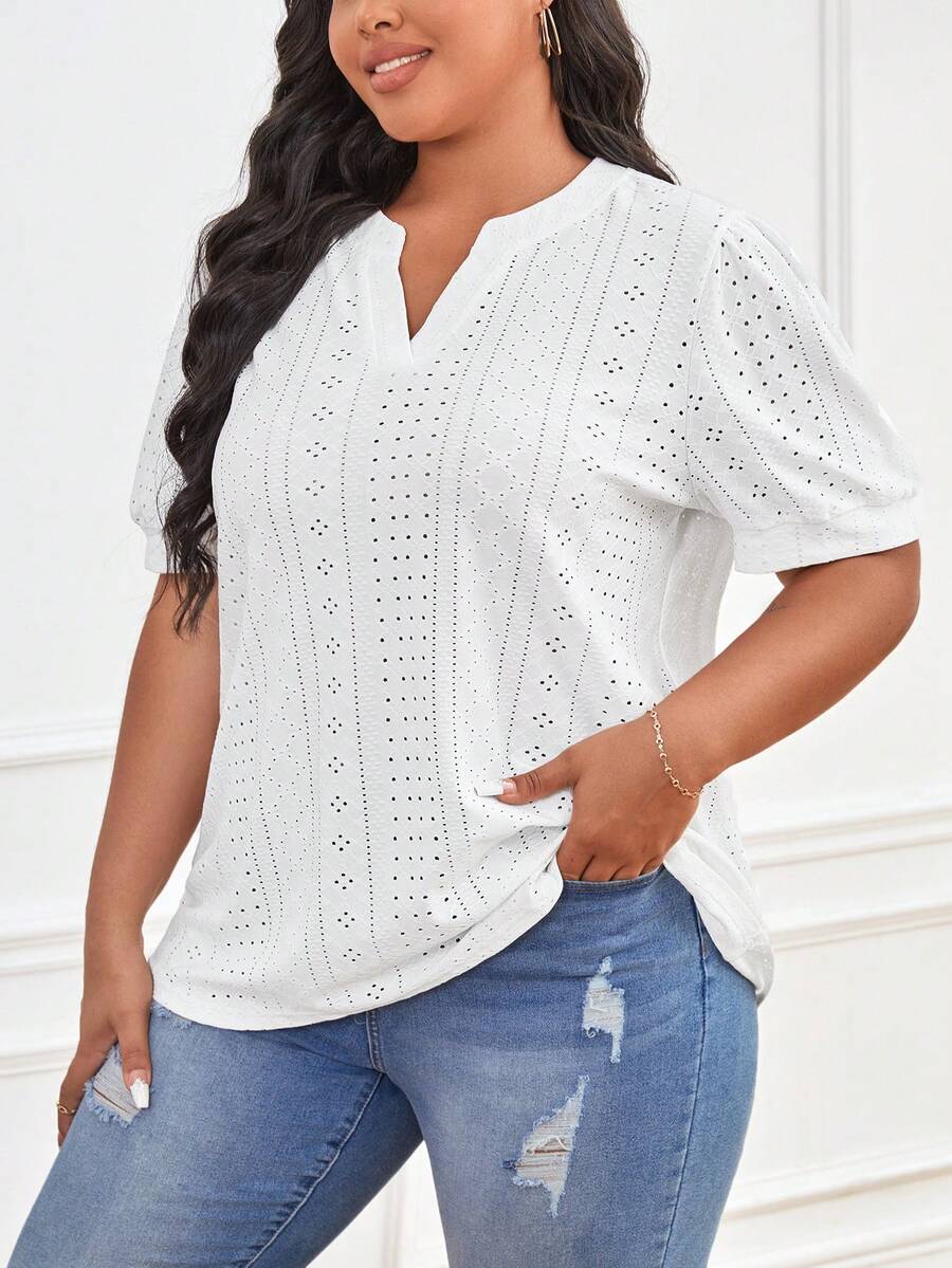 SHEIN LUNE Plus Notched Neckline Eyelet Embroidery Puff Sleeve Tee - White - View 1