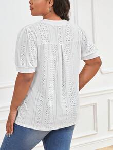 SHEIN LUNE Plus Notched Neckline Eyelet Embroidery Puff Sleeve Tee - White - View 2