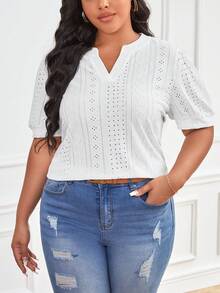 SHEIN LUNE Plus Notched Neckline Eyelet Embroidery Puff Sleeve Tee - White - View 3
