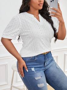 SHEIN LUNE Plus Notched Neckline Eyelet Embroidery Puff Sleeve Tee - White - View 5