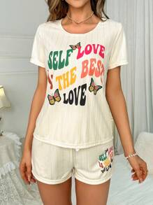 Peachy Keen Bộ đồ ngủ Nữ Thắt nút Slogan Loại bướm - Màu be - Xem 4