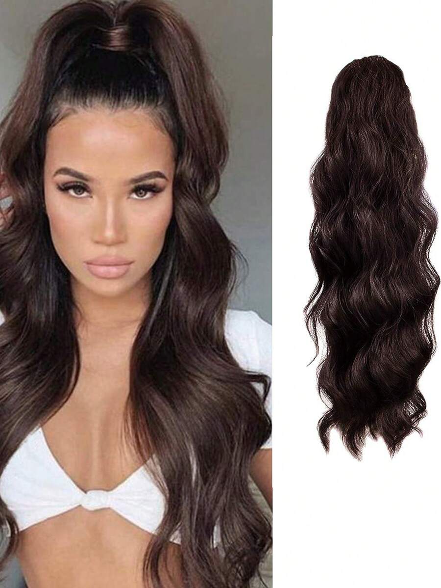 22 Inch Brown Wavy Ponytail Extension Synthetic Heat Resistant Wrap Around Ponytail Hairpiece For Women - Brown - View 1