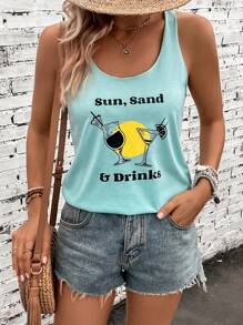 SHEIN VCAY Letter Graphic Tank Top - Mint Blue - View 1