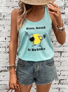 SHEIN VCAY Letter Graphic Tank Top - Mint Blue - View 5