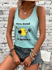 SHEIN VCAY Letter Graphic Tank Top - Mint Blue - View 6