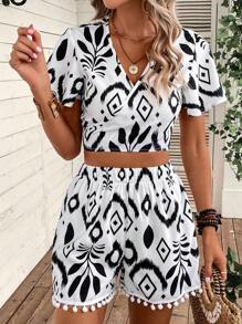 SHEIN VCAY Geo Print Crop Blouse & Pompom Trim Shorts - Black and White - View 1