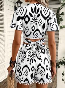 SHEIN VCAY Geo Print Crop Blouse & Pompom Trim Shorts - Black and White - View 2