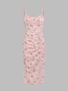 SHEIN 青少年女孩印花胸部褶皺高衩吊帶連衣裙 - 淺粉色 - 查看 1