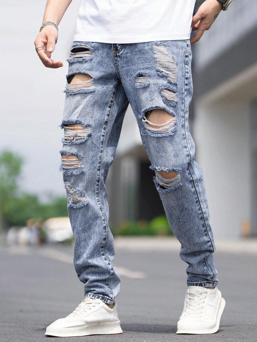 Manfinity LEGND Nam Quần jean Bông Rách Frayed Cắt ra - Rửa nhẹ - Xem 1