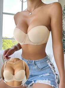 Women's Casual Backless Strapless Bra With Padding Apricot Plain Fabric Underwear - Apricot - View 1