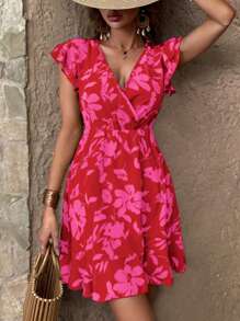 SHEIN LUNE 波西米亞揉皺 荷葉邊 交叉花卉印花 全身印花女士連衣裙