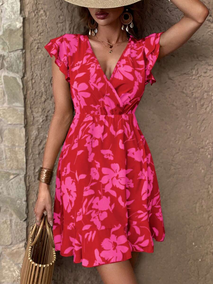 SHEIN LUNE 波西米亞揉皺 荷葉邊 交叉花卉印花 全身印花女士連衣裙