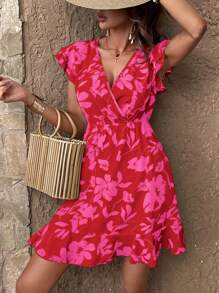 SHEIN LUNE 波西米亞揉皺 荷葉邊 交叉花卉印花 全身印花女士連衣裙