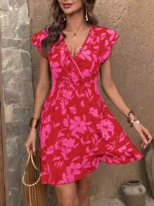 SHEIN LUNE 波西米亞揉皺 荷葉邊 交叉花卉印花 全身印花女士連衣裙