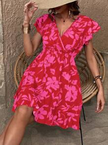 SHEIN LUNE 波西米亞揉皺 荷葉邊 交叉花卉印花 全身印花女士連衣裙