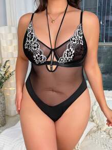Plus Contrast Lace Mesh Underwire Teddy Bodysuit - Black - View 1