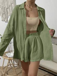 SHEIN VCAY 素色落肩袖襯衫和短褲 - 綠色 - 查看 6