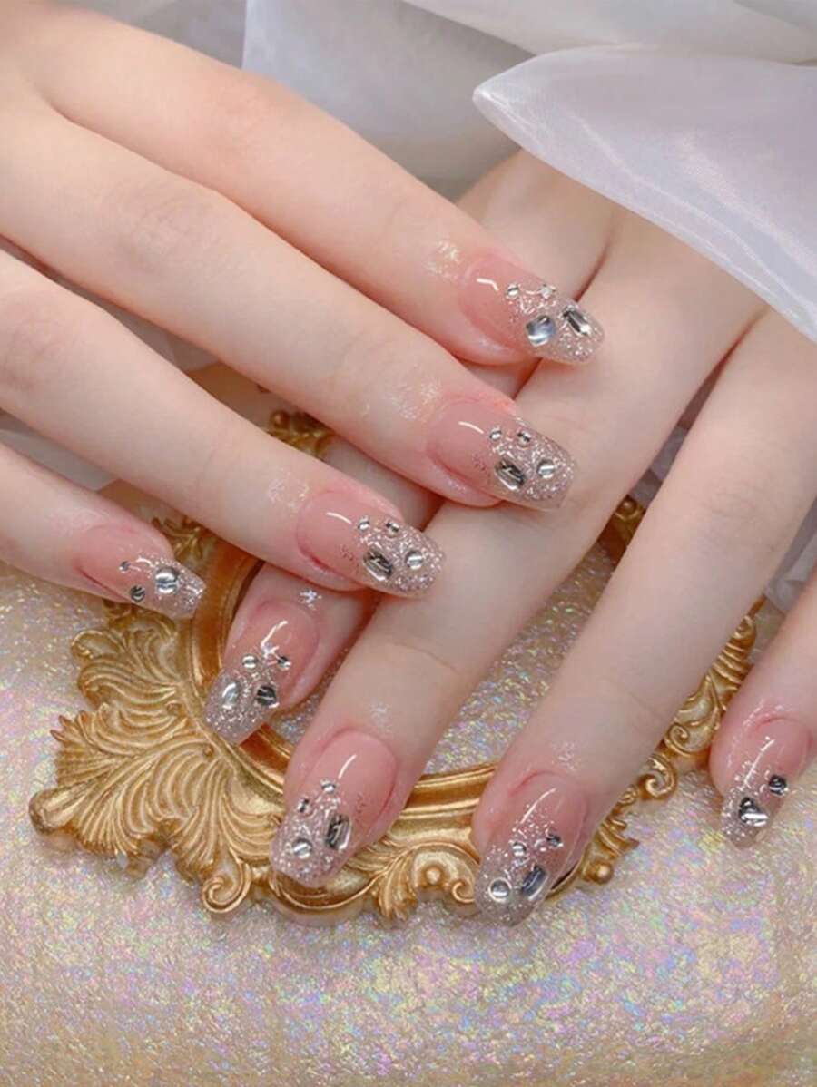 Transform Your Nails With 24pcs Bling Crystal Press On Nails, Medium Square 3D Rhinestone Decor Full Cover Fake Nail Kit - Multicolor - View 1