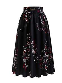SHEIN Clasi Plus Floral Print Flare Skirt - Black - View 1