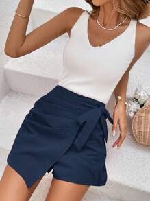 SHEIN VCAY Solid Knot Side Wrap Skort - Navy Blue - View 5