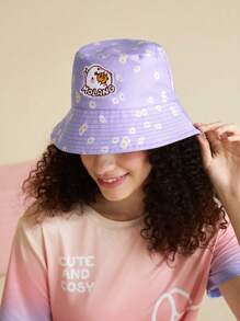 SHEIN X MOLANG 1pc Women Flower Pattern Letter Graphic Fashion Bucket Hat For Daily Life - Khaki - View 4