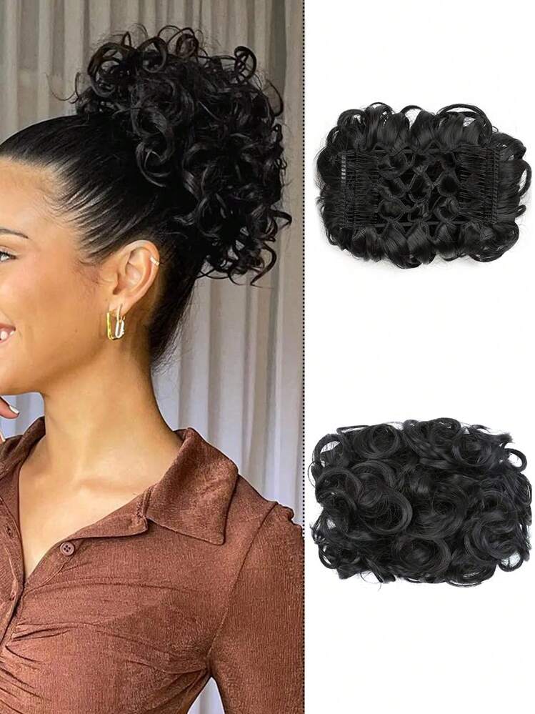 Short Curly Synthetic Hair Bun - Black - View 1