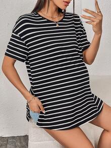 SHEIN Maternidad Camiseta de hombros caídos con estampado de rayas - Negro - Ver 3