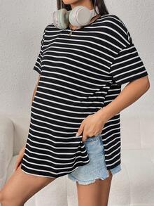 SHEIN Maternidad Camiseta de hombros caídos con estampado de rayas - Negro - Ver 4