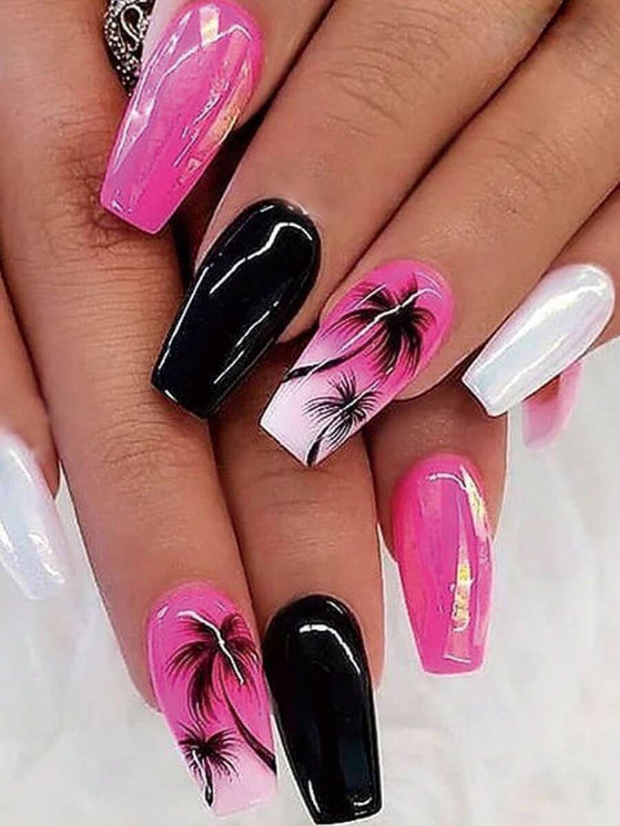 Biến đổi móng tay của bạn với 24 chiếc Long Coffin Tree Pattern Full Cover Bộ dụng cụ làm móng tay giả - Nhiều màu - Xem 1