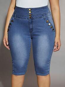Plus High Waist Button Fly Skinny Jeans - Medium Wash - View 3