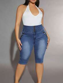 Plus High Waist Button Fly Skinny Jeans - Medium Wash - View 4