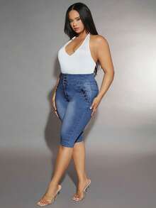 Plus High Waist Button Fly Skinny Jeans - Medium Wash - View 5