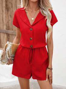 SHEIN Unity Solid Button Front Knot Waist Shirt Romper - Red - View 4