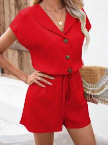 SHEIN Unity Solid Button Front Knot Waist Shirt Romper - Red - View 5