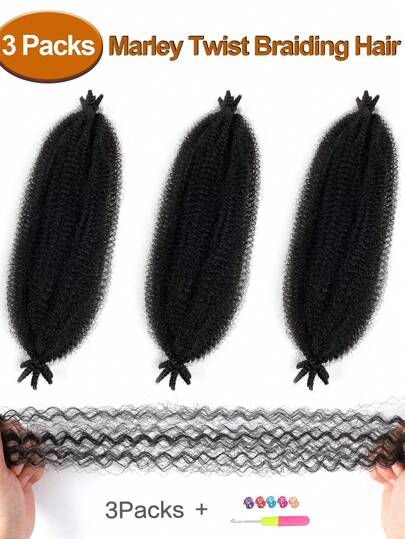 3packs/Lot 8-36 Inch Natural Black Long Curly Hair Extensions, Marley Twist Black Braiding Hair, Springy Afro Twist Black Hair Extensions,Kinky Twist Pre Fluffed Spring Twist Synthetic Hair Extensions With Gifts