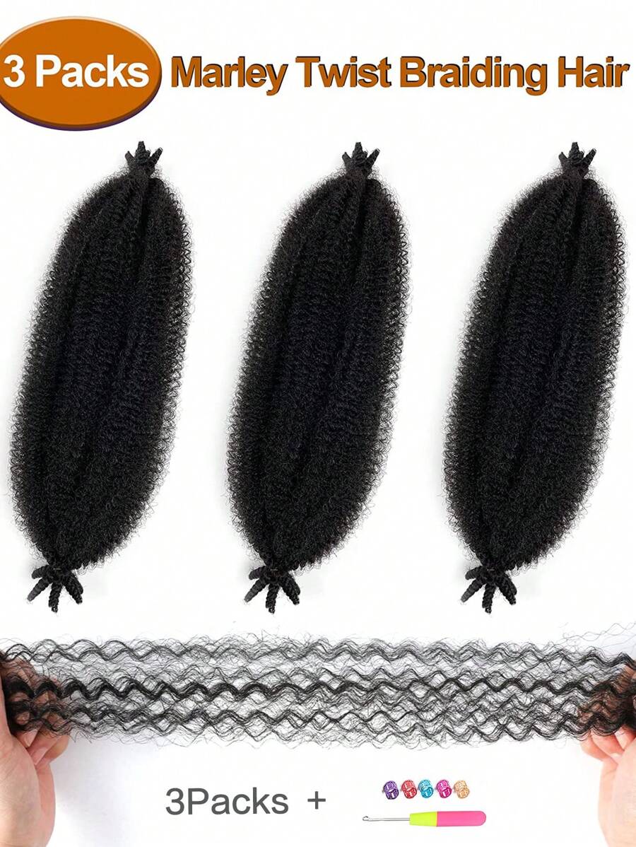 3packs/Lot 8-36 Inch Natural Black Long Curly Hair Extensions, Marley Twist Black Braiding Hair, Springy Afro Twist Black Hair Extensions,Kinky Twist Pre Fluffed Spring Twist Synthetic Hair Extensions With Gifts - Black - View 1