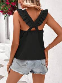 SHEIN VCAY Top ribete con fruncido de espalda con tira cruzada - Negro - Ver 2