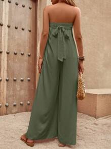 SHEIN LUNE Solid Wide Leg Tube Jumpsuit - Olive Green - View 2