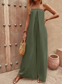 SHEIN LUNE Solid Wide Leg Tube Jumpsuit - Olive Green - View 3