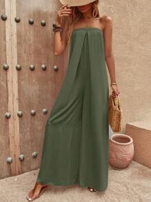 SHEIN LUNE Solid Wide Leg Tube Jumpsuit - Olive Green - View 6