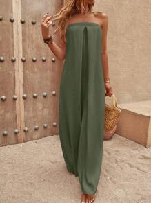 SHEIN LUNE Solid Wide Leg Tube Jumpsuit - Olive Green - View 7